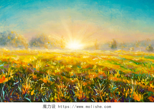 画布上的油画最初的油画是在草地上的雾蒙蒙的晨霞中创作的。现代艺术的晨曦村风景.